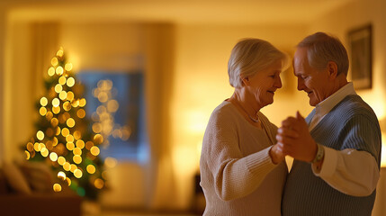 Elderly couple dancing in cozy living room with christmas tree and warm lighting