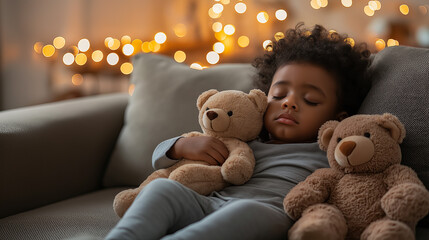 Peaceful sleep: child dreaming with teddy bears amid warm ambient lights on cozy sofa