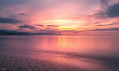 Fototapeta premium Pink and orange sunset, calm water stretching out to the horizon
