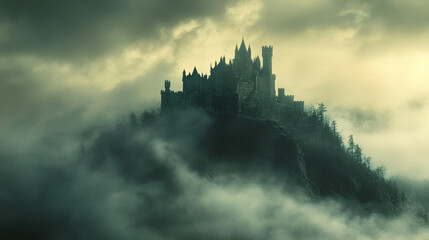 Naklejka premium Halloween castle on misty hill, eerie and haunted 