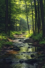 Obraz premium Forest creek with sunlight filtering through the trees.