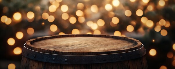 Obraz premium Rustic wooden barrel top providing space for product placement, against a backdrop of twinkling fairy lights. Ideal for showcasing beverages, food, or other products