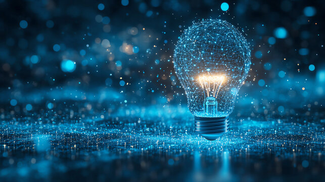 Abstract visualization of data points converging into a lightbulb