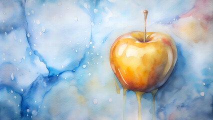 Watercolor image of an apple dipped in honey, representing sweetness and a prosperous new year in gentle light blue and white