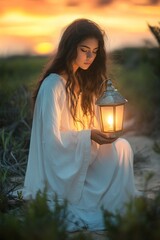 Enchanting Woman in White Holding Lantern at Sunset - Ethereal Light and Nature