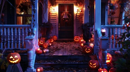 Obraz premium Spooky Halloween Front Porch Decor: Pumpkins, Witches, and Glowing Lanterns for a Night of Creepy Seasonal Celebration