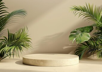 Obraz premium Boho Style Podium Mockup Template with Plants, Stones, and Leaves on Beige Background, Minimalistic Modern Design for Product Presentation with Large Top Inscription