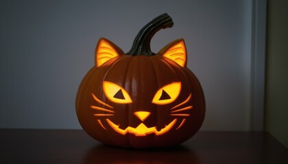 Glowing Cat Face Jack-O'-Lantern with Sharp Eyes - Halloween Pumpkin Carving at Night