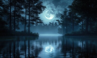 Still pond reflecting the full moon, surrounded by tall trees