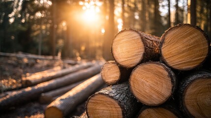 Freshly cut tree logs are stacked and ready for transportation outside the forest with the setting sun illuminating the wood