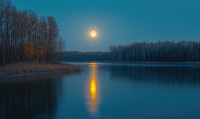 Obraz premium Still water reflecting the glowing full moon