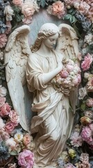 Serene cemetery angel statue holds pink and white roses in a delicate wreath, exuding peace and tranquility. Evoking innocence and beauty, it adds a timeless touch of elegance to any background