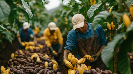 Chocolate cacao farm, cocoa plantation in asia, with farmers harvesting cacao pods from the tree