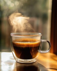 Transparent glass cup with freshly brewed coffee