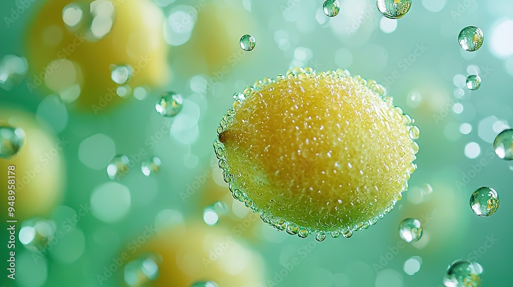 Wall mural a zoomed-in view of a yellow fruit adorned with droplets of water on both the top and bottom of the 