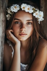 Naklejka premium Natural Beauty Portrait with Floral Crown: Ethereal Young Woman in Soft Light