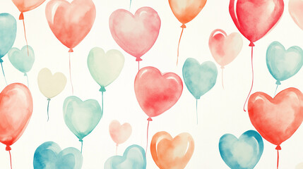 Watercolor style seamless background with heart-shaped balloons. White background, pastel colors