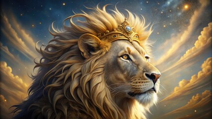 Naklejka premium A majestic lion's regal profile, adorned with a radiant golden mane, gazes upward with an aura of strength, courage, and ancient biblical symbolism.