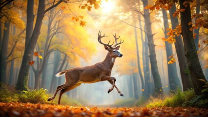 A majestic white-tailed deer bursts into a sprint, its large brown eyes alert, amidst a serene autumn forest with vibrant golden leaves and misty atmosphere.