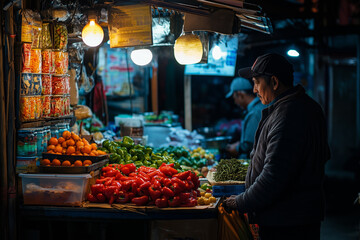 Vibrant night market where Dracula explores a variety of fresh produce and local delicacies