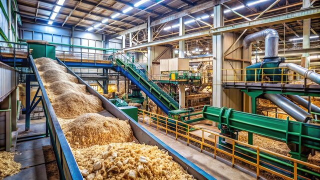 A massive industrial pulper machine processes wood chips into pulp, surrounded by pipes, valves, and conveyor belts in a busy paper manufacturing factory.
