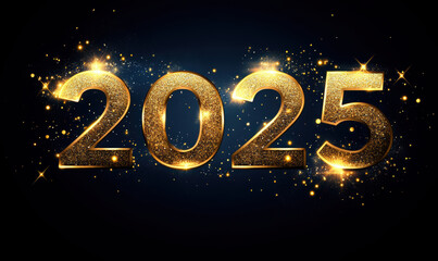2025 Happy New Year gold metal 3D text with fireworks. Holiday elegant celebration banner.
