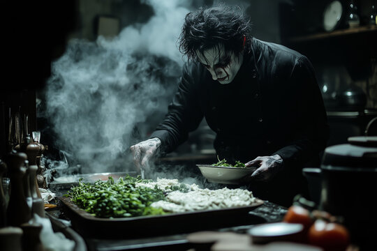 A vampire chef experiments with eerie cuisine in a dimly lit kitchen during the witching hour