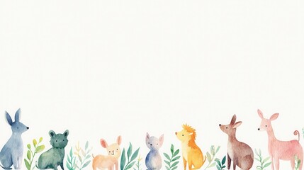 Fototapeta premium Cute watercolor illustration of various baby animals with plants in the background. Perfect for nursery decor or children's design.