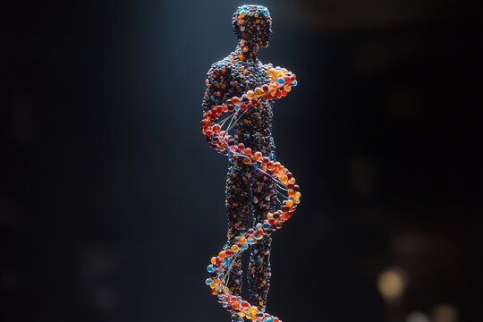 An imaginative representation of a human figure entwined with a vibrant DNA molecule, reflecting the essence of life and genetic complexity