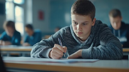 Obraz premium A boy sitting at a desk writing in his notebook, AI
