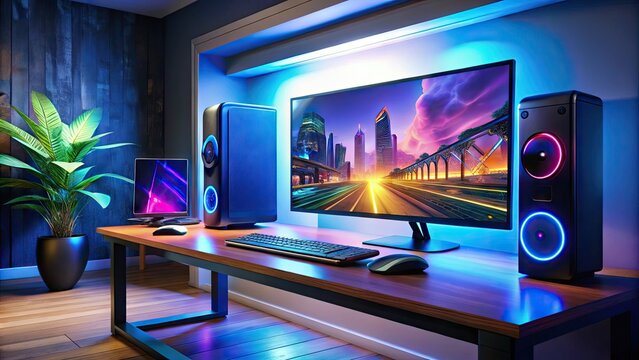 A modern gaming setup featuring a sleek computer tower, high-performance graphics card, and curved widescreen monitor displaying vibrant, fast-paced action game graphics.