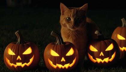 Glowing Cat Face Jack-O'-Lantern with Sharp Eyes - Halloween Pumpkin Carving at Night with cute ginger cat