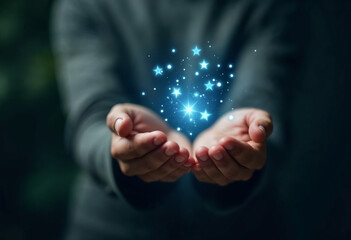 An open hand reaching out, with small, glowing blue and white stars rising from the palm, representing the act of giving. 5th September International Day of Charity. 