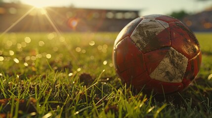 Fototapeta premium Football ball on the grass of the stadium in close-up. Cinematic. AI generative.