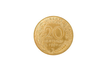 Reverse of France coin 20 centimes 1991, isolated in white background. Close up view.
