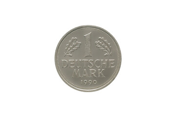 Reverse of Germany coin 1 mark 1990, isolated in white background. Close up view.