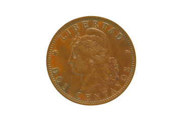 Reverse of old Argentina coin 2 centavos 1891, isolated in white background. Close up view.