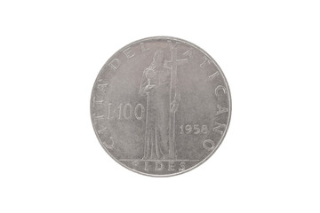 Reverse of Vatican coin 100 lire 1958, isolated in white background. Close up view.