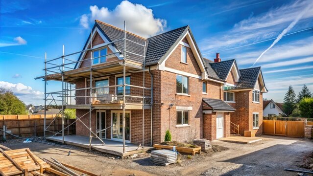 A modern, semi-detached home under construction in a suburban UK setting, with scaffolding, brickwork, and roofing materials strewn about, against a clear blue sky.