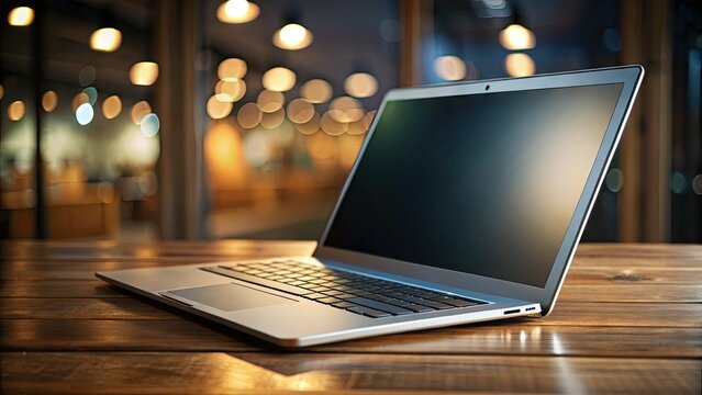 A modern silver laptop computer stands upright on a wooden desk, its brightly lit keyboard and touchpad prominently displayed against a dark blurred background.