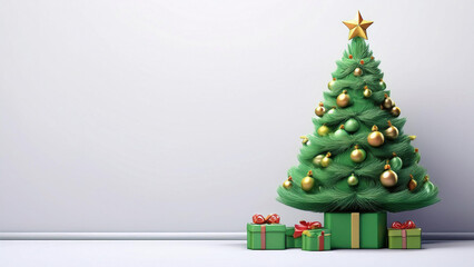 Cart&atilde;o de Natal, carta de natal. Pequena arvore de natal no canto  da tela, decorada com caixas de presentes em baixo dela. Render 3d, fundo claro com espa&ccedil;o para escrita. 