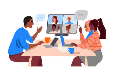 People at business meeting. Team of office employees communicates with partners and colleagues at online video conference. Remote interaction. Flat vector illustration isolated on white background