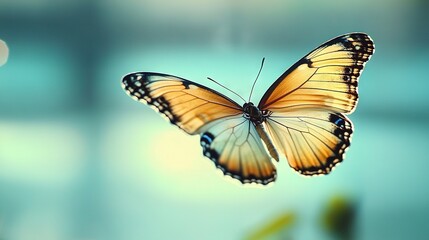 Obraz premium A sharp image of a butterfly in flight, set against a fuzzy backdrop of a nearby building