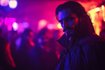 Dracula revels in a vibrant neon club, caught between shadows and pulsating lights in a modern nightlife adventure