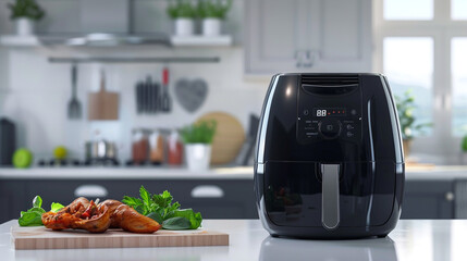 A sleek black air fryer sits on a modern kitchen countertop, perfectly crisping golden fries.