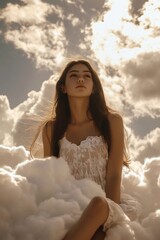 Dreamy Ethereal Beauty: Woman in Cloudy Sky with Soft Light