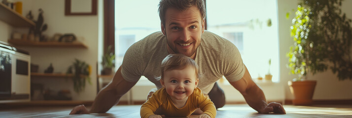 A father's joy: Single arm plank workout at home while baby enjoys tummy time