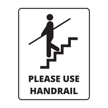 A stairway banner with please use handrail text on a white background