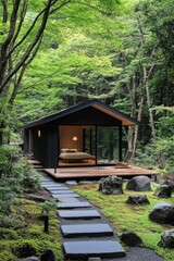 Modern Forest Retreat - A sleek, minimalist cabin nestled in a vibrant forest, featuring a serene outdoor deck and a peaceful natural setting.