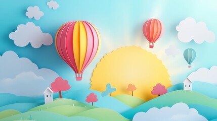 Paper Dreamscape: Colorful Balloon Gliding in Sunlight"